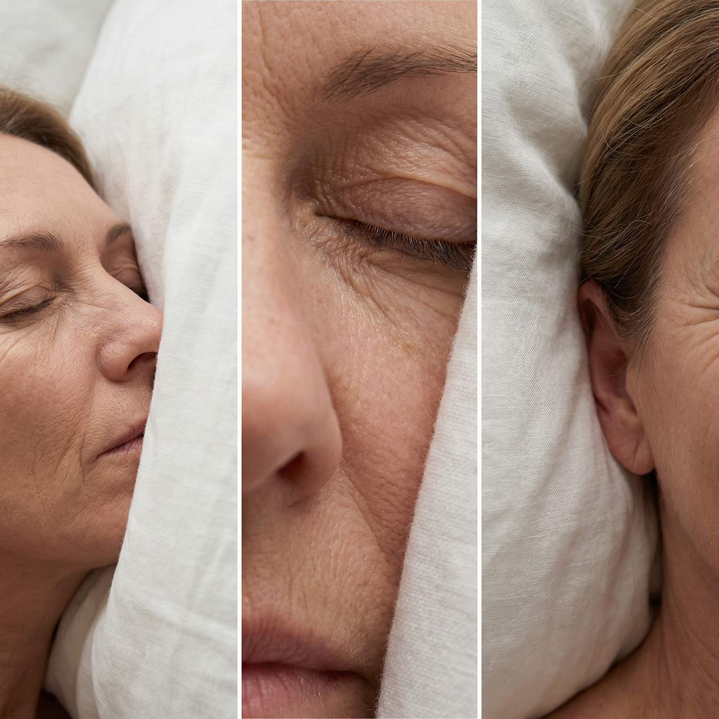 Detail tváre ženy so spánkovými vráskami počas spánku.