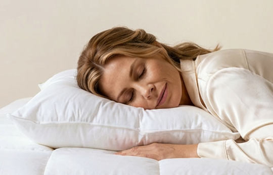 Žena odpočívajúca na vankúši na vankúši plnenom husacím perím a páperím, relaxácia a pohodlie.